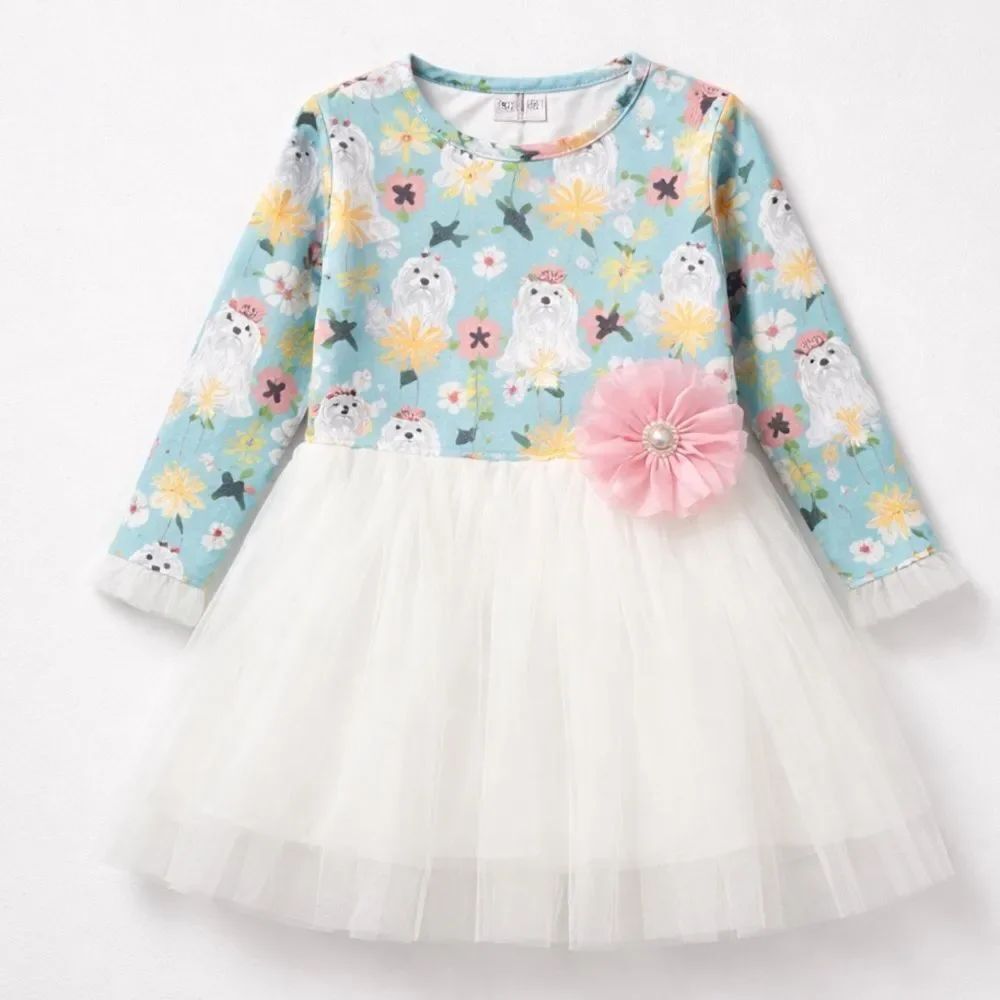 Pete + Lucy blue and withe Maltese dog print tulle skirt long sleeve dress NWT